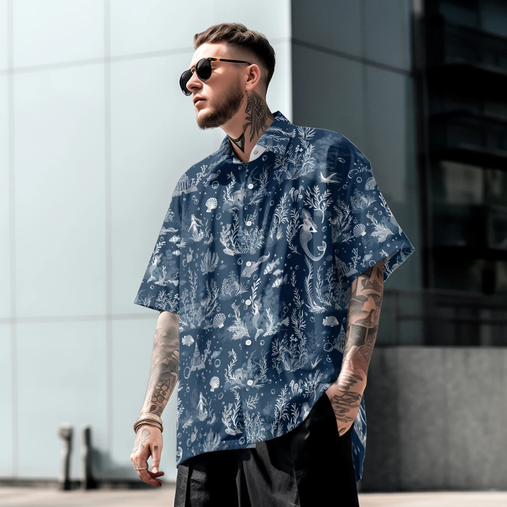 

Summer casual oversized short sleeved shirt with full body print, loose Hawaiian beach trendy and comfortable single row buttons