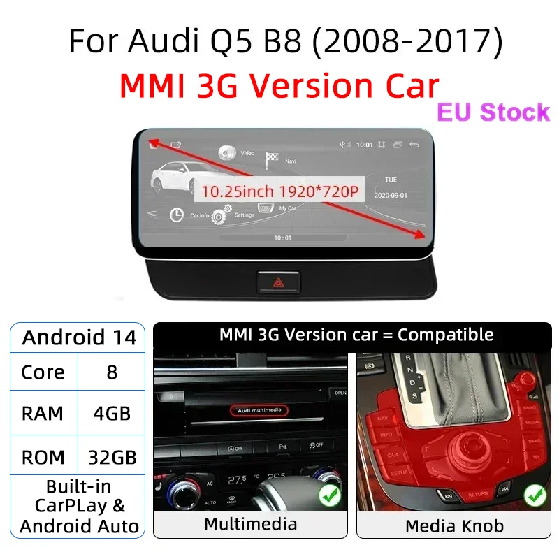 12.3 Android 14 System Car Radio Stereo，Audi Q5 8R 2008-2017 WiFi 4G LTE 8+128GB CarPlay BT IPS Touch Screen GPS