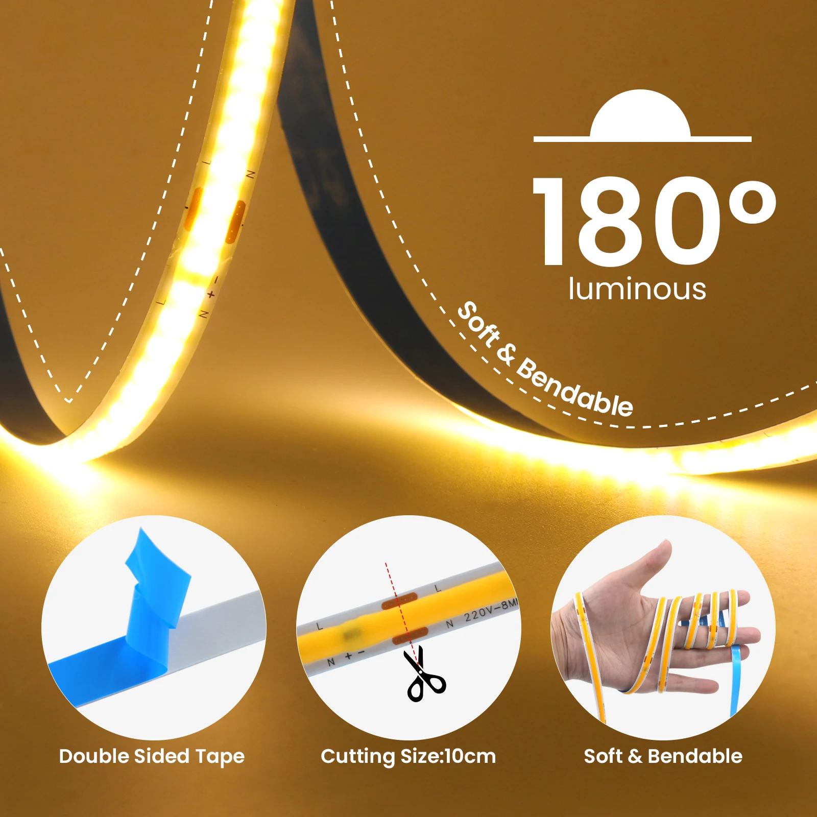 

﻿ 220V 110V Led Ribbon Tape High Brightness 240Leds/m COB Led Strip No Waterproof Flexible Rope for Outdoor Bedroom Lighting