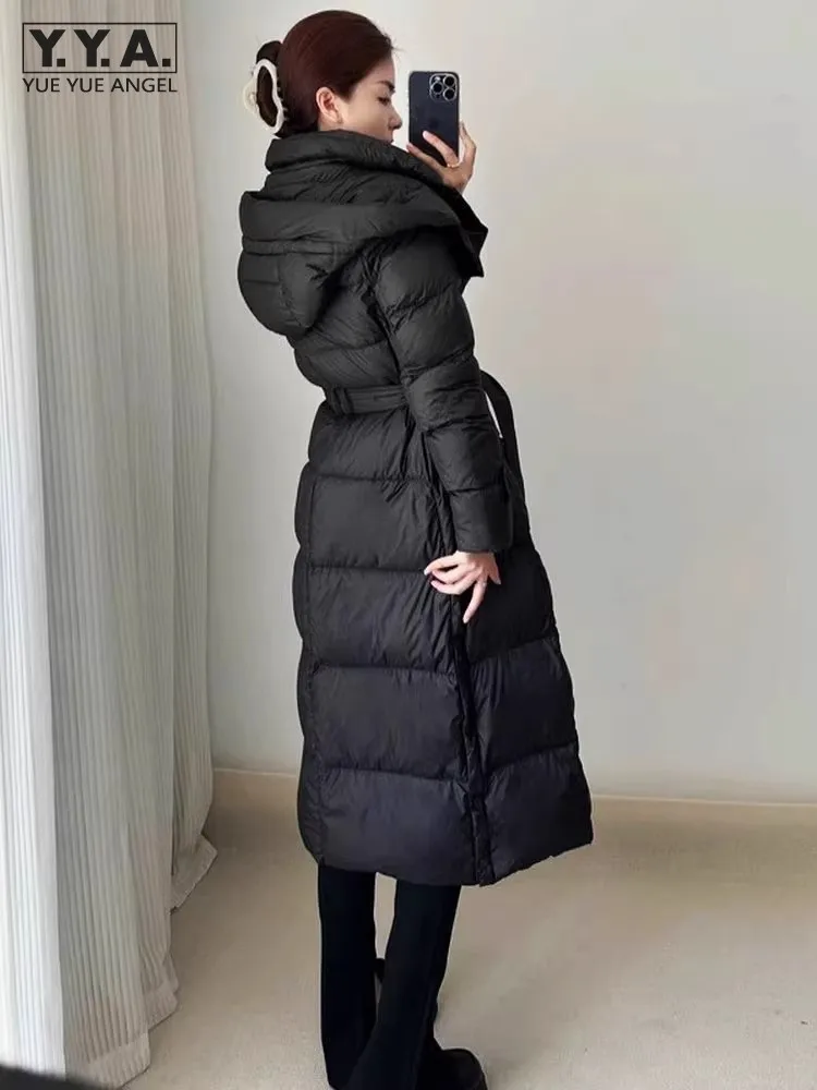 Winter New Women Long Hooded White Duck Down Jacket Thick Warm Overcoat Female Belted Slim Fit Casual Outwear Coat Streetwear