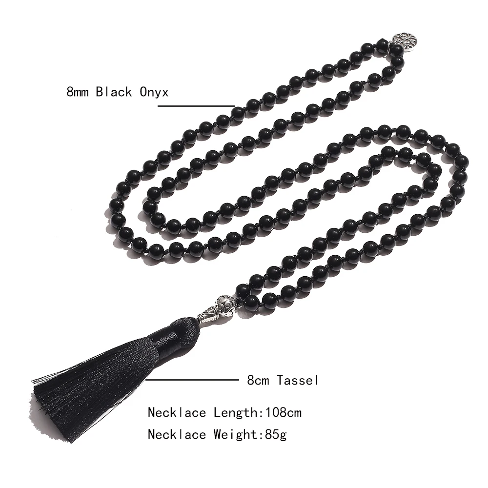 108 Mala Beads Necklace Black Onyx 8MM Rosary Meditation Jewelry Japamala Tassel Necklace with Tree of Life Pendant