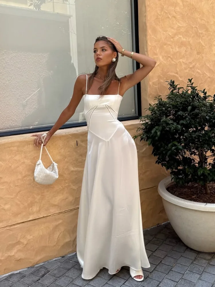 2025 Elegant White Spaghetti Strap Maxi Dress Women Sexy Backless Lace Up High Waist Vestidos Summer Lady Beach Party Dresses