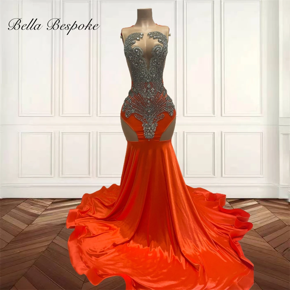 

Orange O N Bead Crystal Long Prom Dresses Black Girls Rhinestone 2025 Birthday Luxury Dress Mermaid Graduation Gown Customized