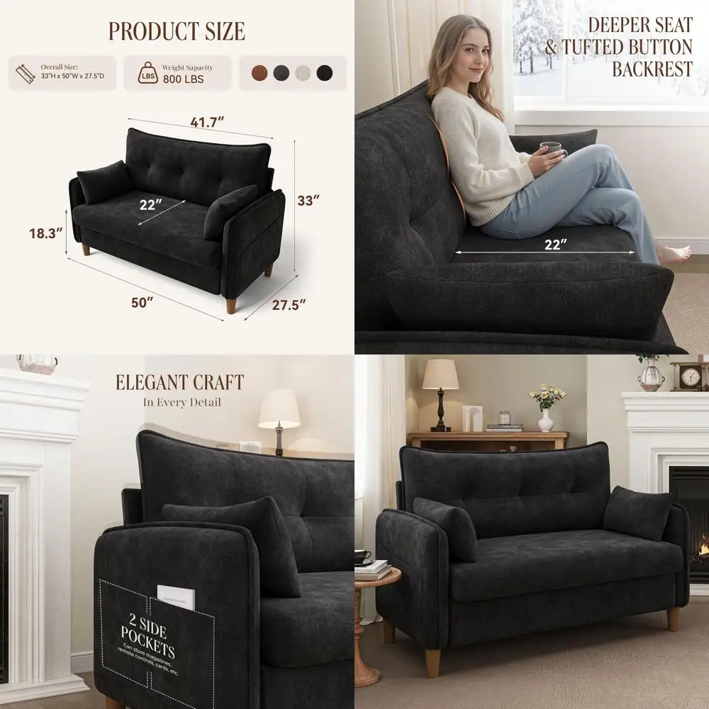 

Compact 50 Mini Loveseat Sofa for Small Spaces | Ideal for Bedrooms and Apartments | Sleek Black