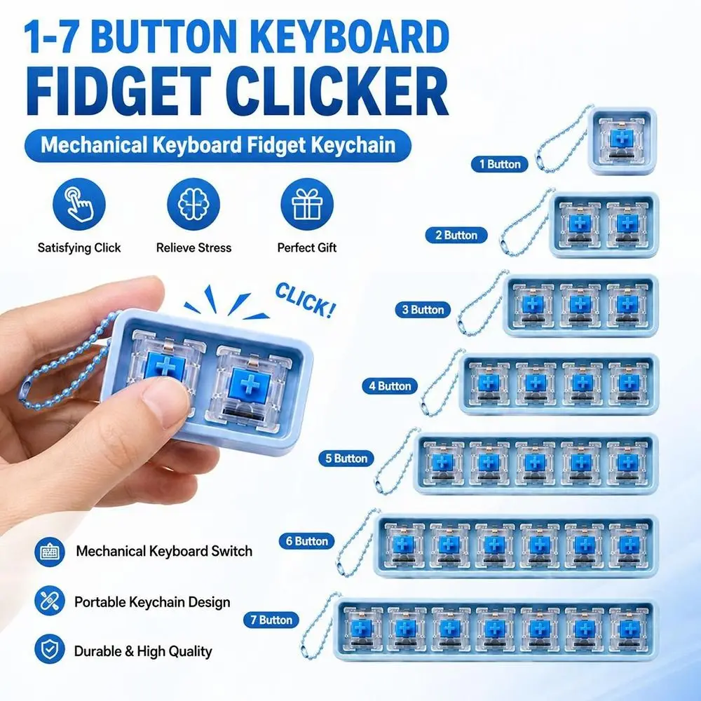 1-7Key Keyboard Fidget Clicker Toy Clicky Switch Keychain Attachment Button Keycap Fidget Relaxing Finger Stress Toy