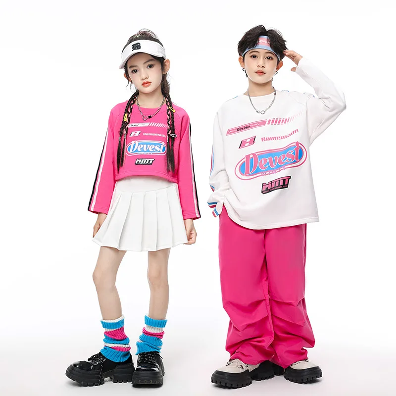 

Children Cheerleading Dance Clothes Pink Crp Tops White Skirt Long Sleeves Practice Clothing Sets Kids Jazz Performance Costumes