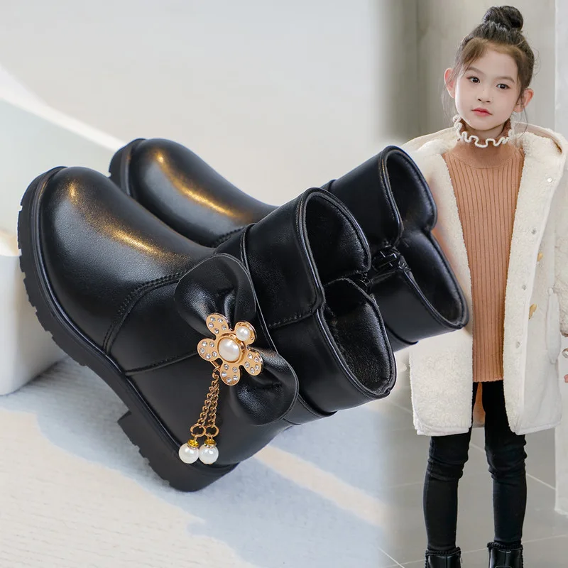 Girls Children Princess Shoes with Butterfly Knot Soft Sole High Top Studded Boots Kids Casual PU Leather Boots Pure Color Shoes