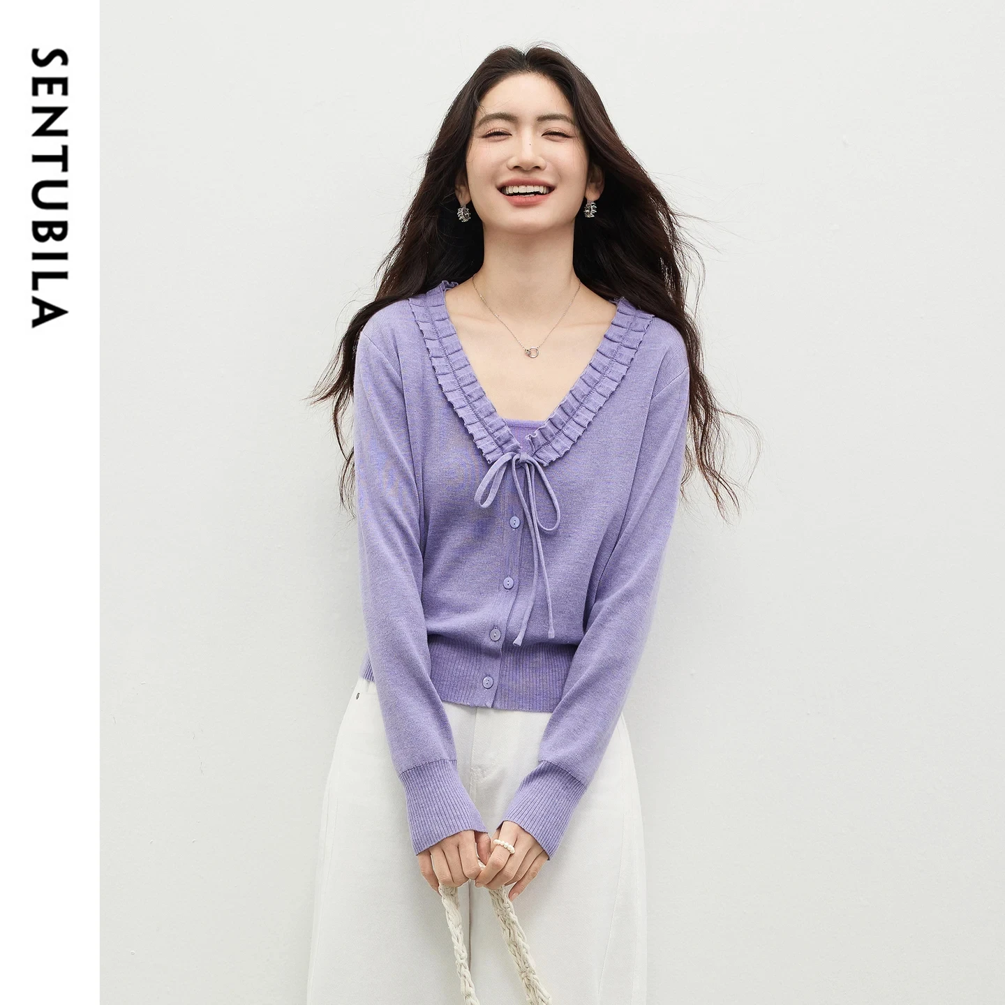

SENTUBILA Ruffle Knit Cardigan for Owmen 2026 Spring Fashion Lace Up V Neck Wool Blend Sweater Casual Women's Top W61EB6109