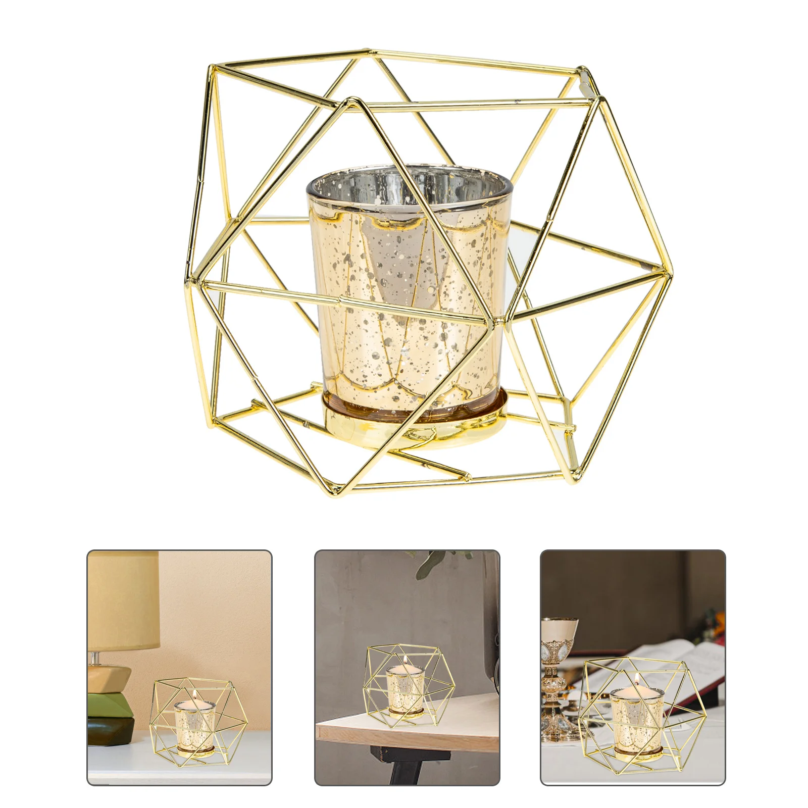 

Gold Iron Hollow Holder Geometric Design Decorative Candlestick for Tabletop Garden Festival Geometric Candlestick