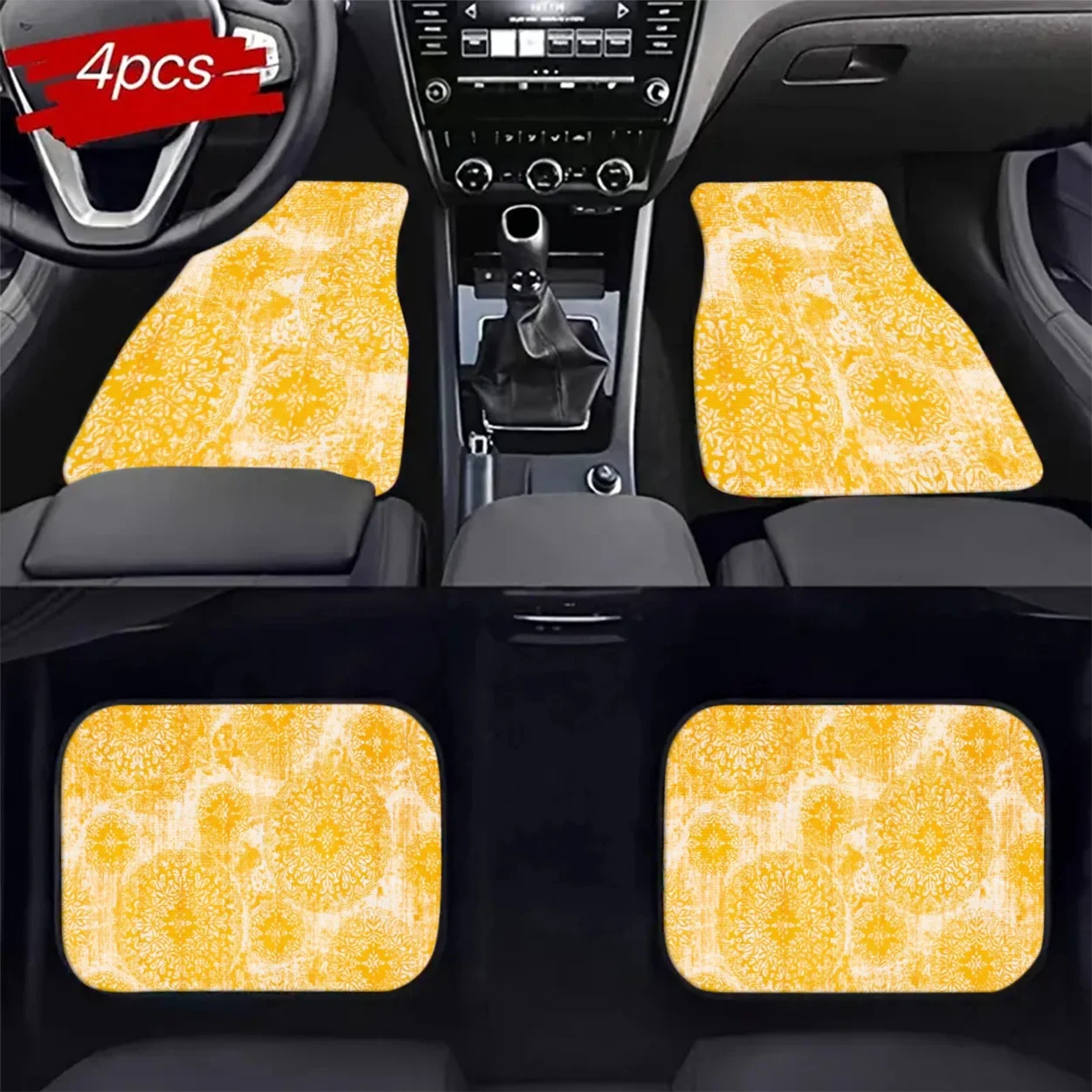 4pcs Set Of Universal Car Floor Mats, Yellow Floral Pattern, Fresh Style Digital Print Car Floor Mats, Suitable For All Seasons,