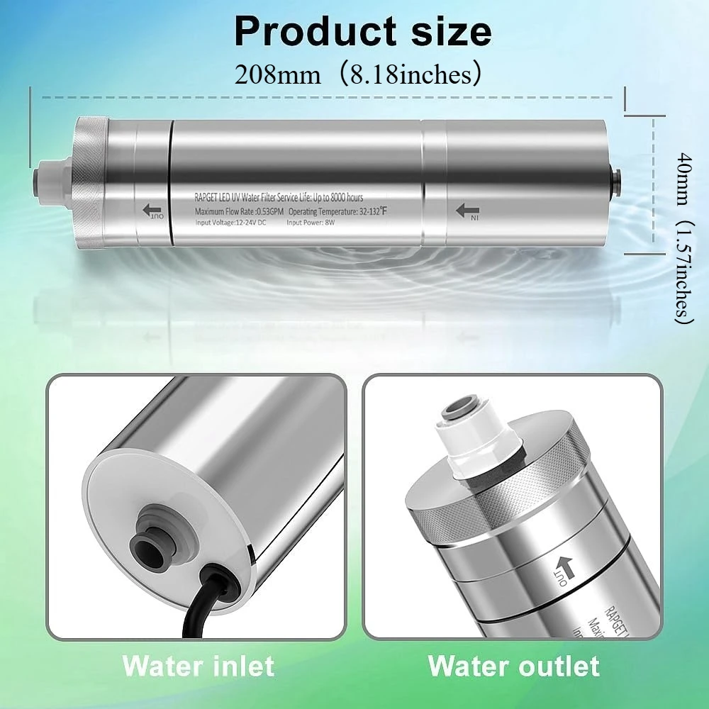 يزيد من فلتر المياه بالأشعة فوق البنفسجية LED لنظام تصفية المياه تحت الحوض ونظام التناضح العكسي، ويقلل ما يصل إلى 99.9%