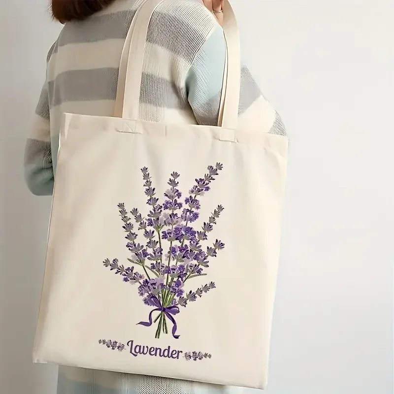 Watercolor Lavender Bouquet Ribbon Letter Printed Canvas Tote Bag Handbag For Daily Commute Shopping And Short Travel Use