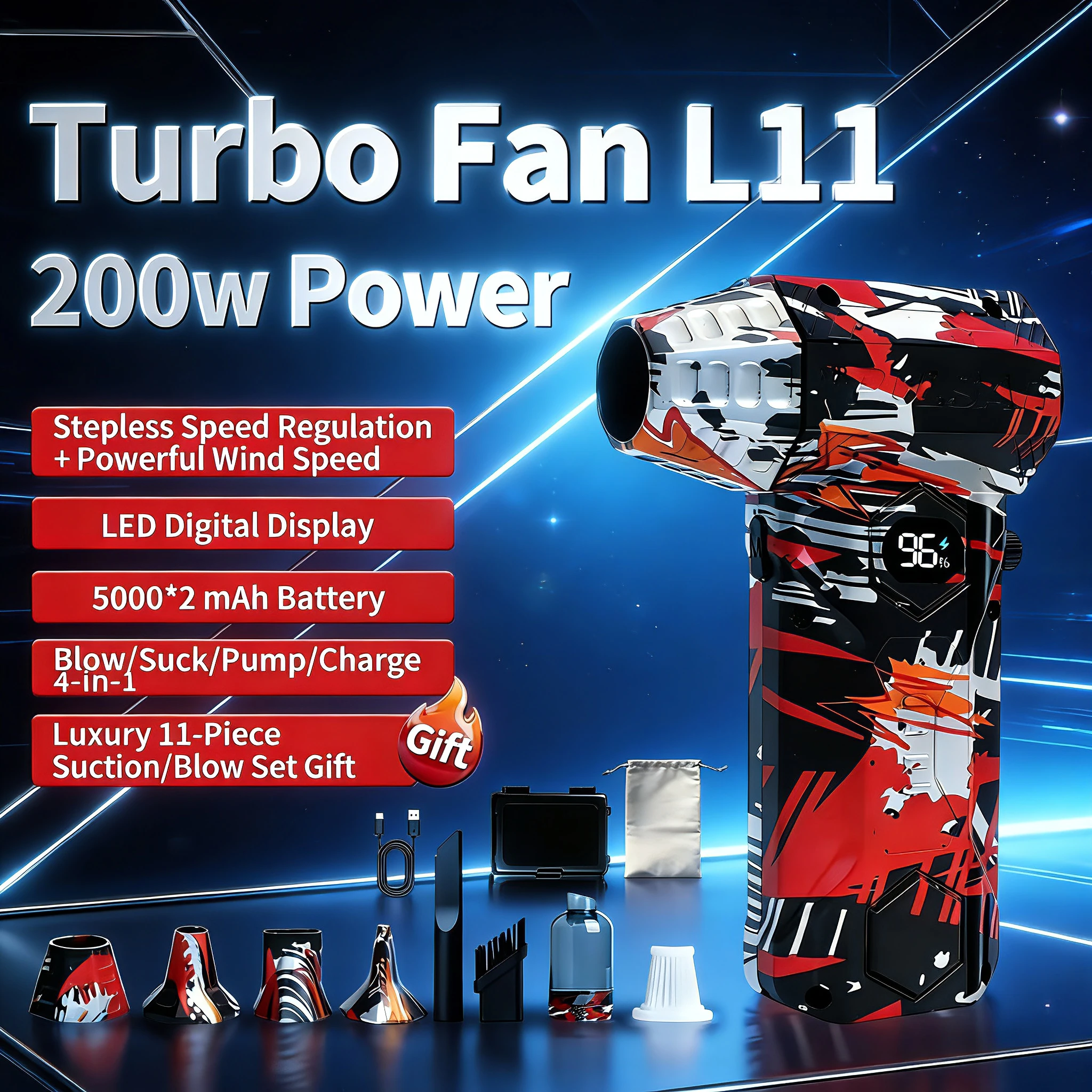 

L11 high-speed version of the powerful fan, with a rotational speed of 990,000 RPM and a wind speed of 75 meters per second.