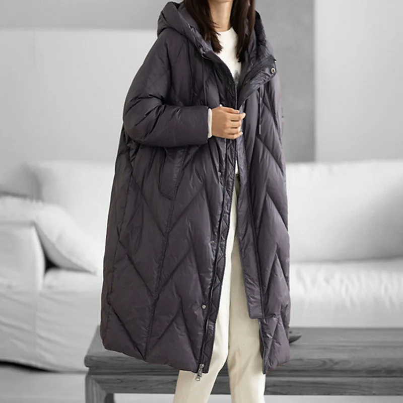 Women 90% White Duck Down Long Jacket with Hood Casual Loose Over Size Winter Warm Outwear High Quality