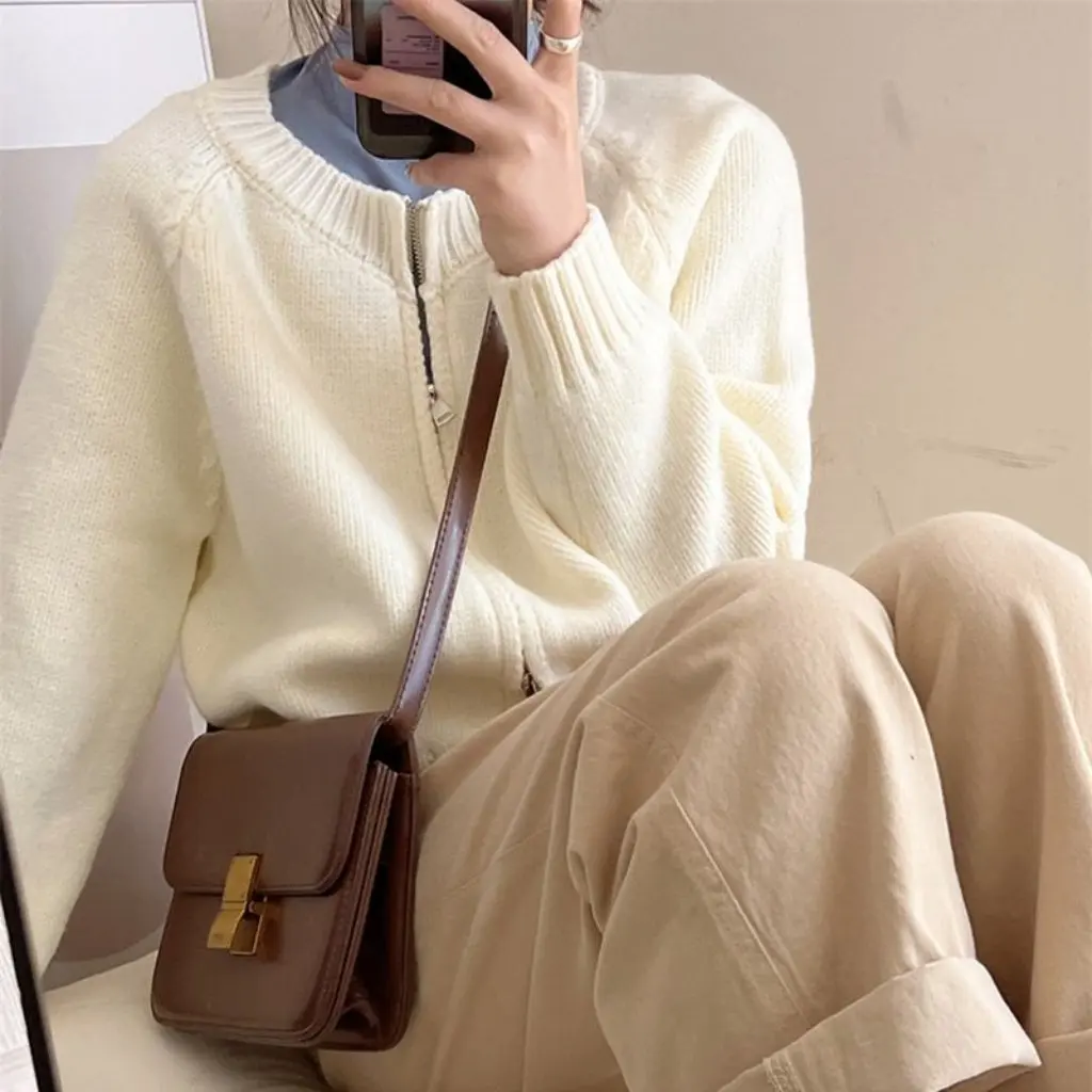 

Women's Double Zipper Avocado Green Knitted Cardigan Slimming Short Casual Sweater All-match Elegant Meat-Covered Jacket