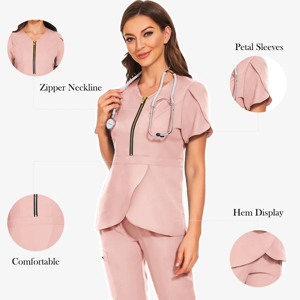 Women Solid Color Nurse Uniform Short Sleeve V-neck Tops Oversized Scrub Shirt for Female Care Worker Healthcare Clinic Clothes