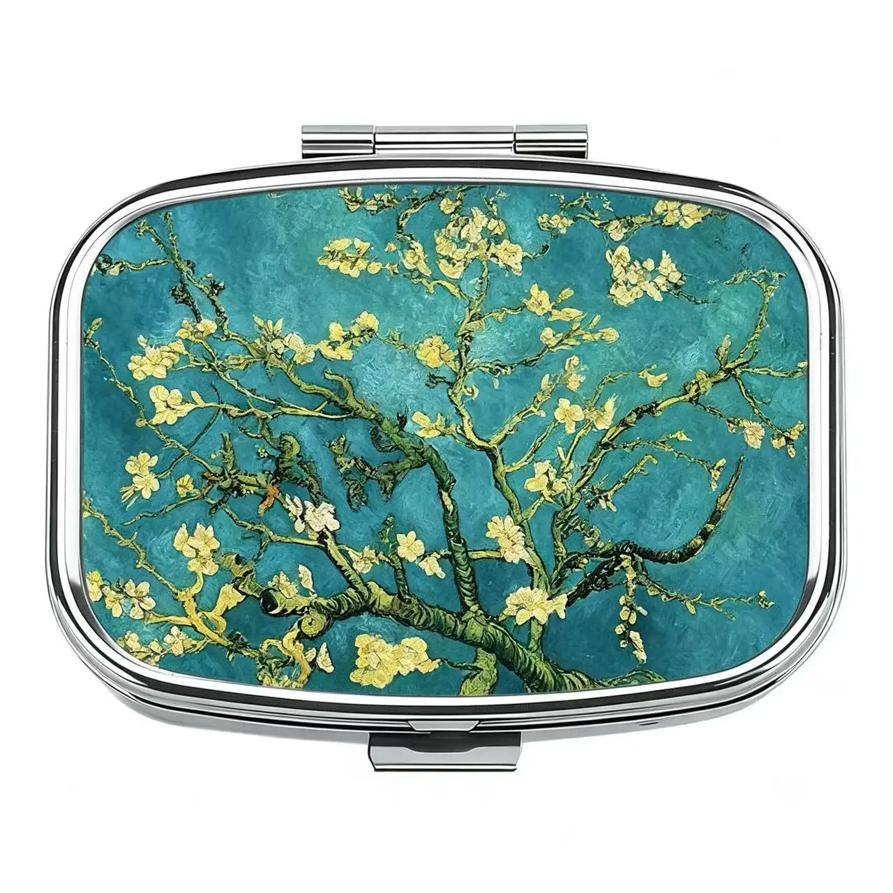 Van Gogh Almond Blossom Print Metal Pill Box, Portable 2-Compartment Travel Pill Organizer for Vitamins & Pills