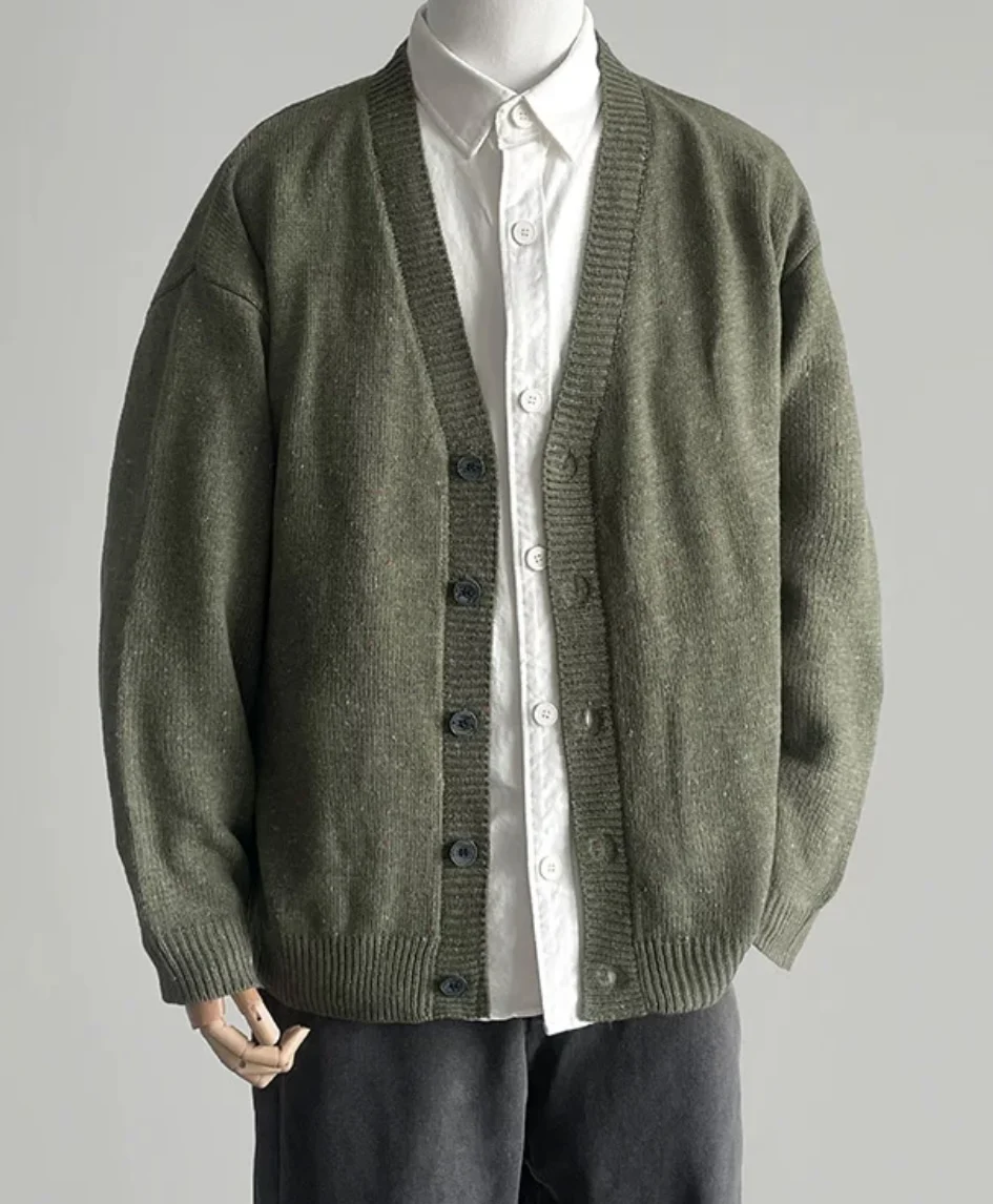 Pull cardigan tricoté vert à manches longues pour hommes, vêtements de travail rétro japonais, printemps et automne