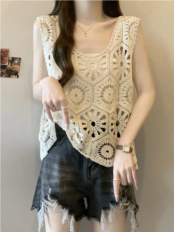Bohemian Hollow out Short Sleeve Vest Women's Layering Summer plus Size Irregular Shape Sleeveless Top Outer Covering Shirt