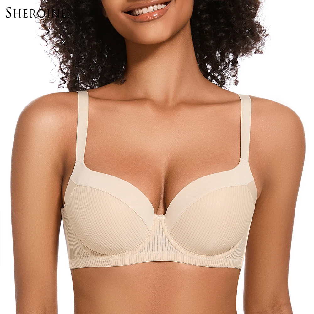 

Sheroine T-Shirt Bra for Plus Size Woman Push Up Underwire Lightly Padded Full Cup Plunge Lingerie High Support for Big Bust