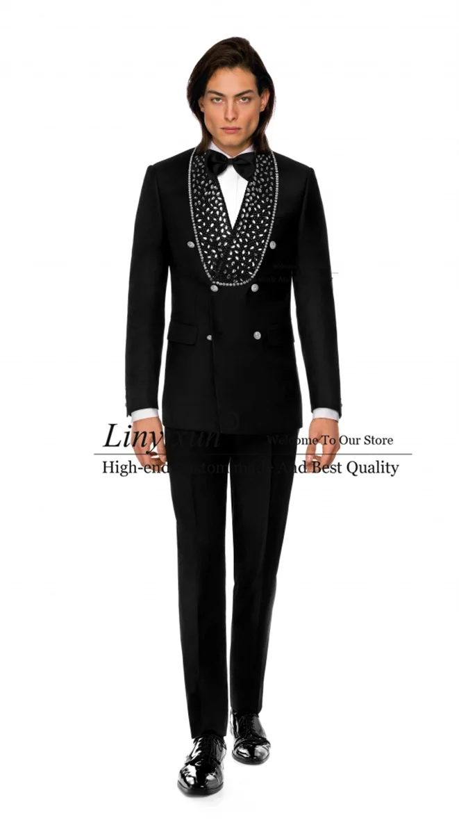 Luxurious Jewelry Ornament Tuxedo Men Suits Groom Wedding 3 Pieces Sets Male Prom Blazers Shwal Lapel Outfit Pantalones Hombre