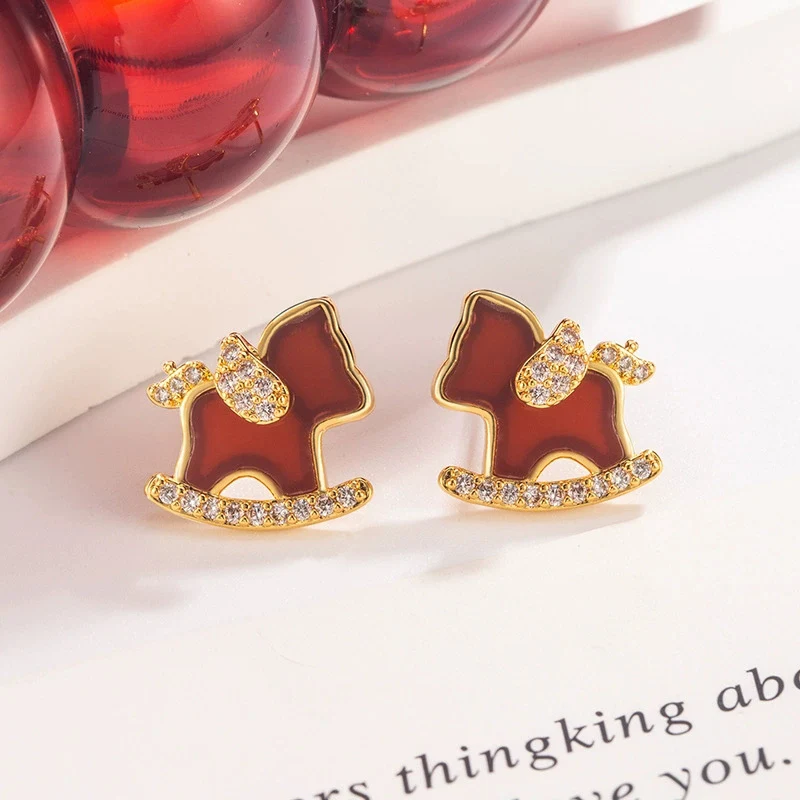 Sparkling Zircon Red Pony Earrings Light Luxury Cute Ear Stud Temperament Earrings 2026 New Year Jewelry KOFSAC