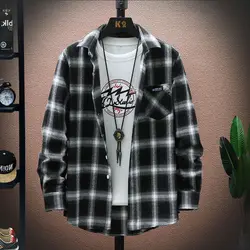 Korean Clothing Vintage Men Black White Plaid Shirt Coat Spring Autumn Fashion Male Clothes Loose Versatile Long Sleeve Jackets