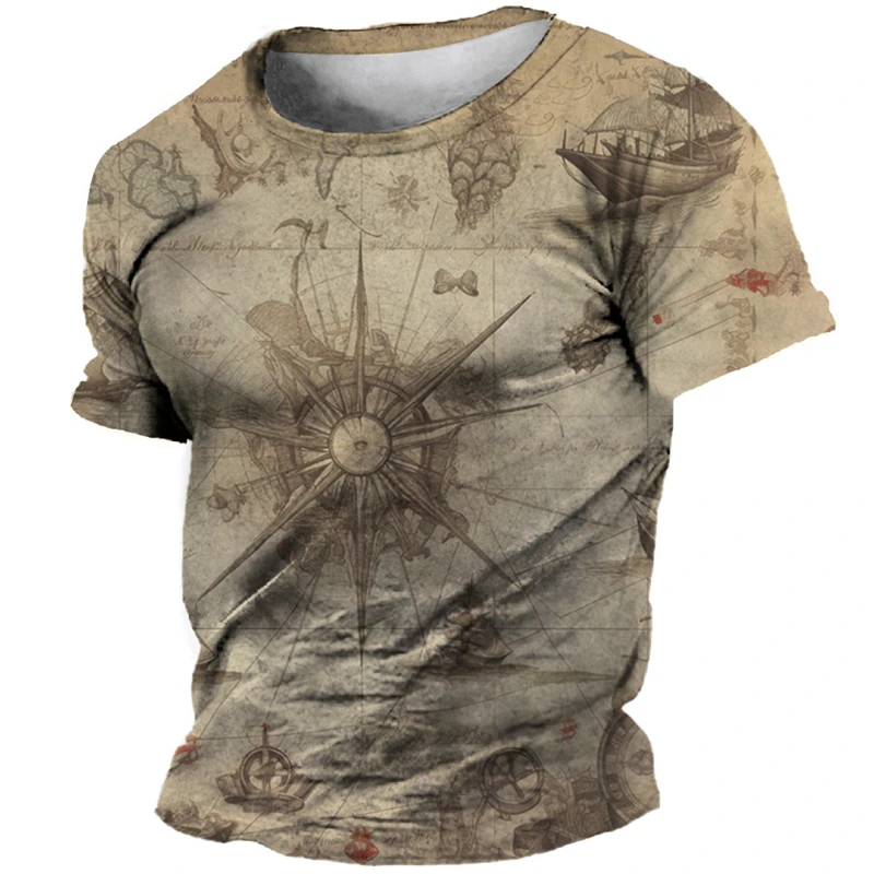 3D Vintage Compass Print T-Shirt For Mens Short Sleeve Tops Fashion Street Ship Graphic T Shirt Oversized Tee Shirt Men Clothing