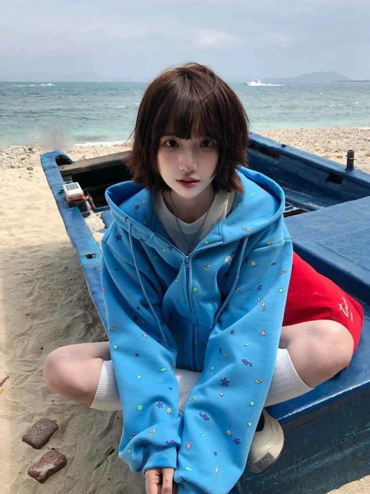 

All Over Colorful Star Geometric Print Zip Up Hoodie Women Oversized Long Sleeve Loose Kawaii Casual Street Coat
