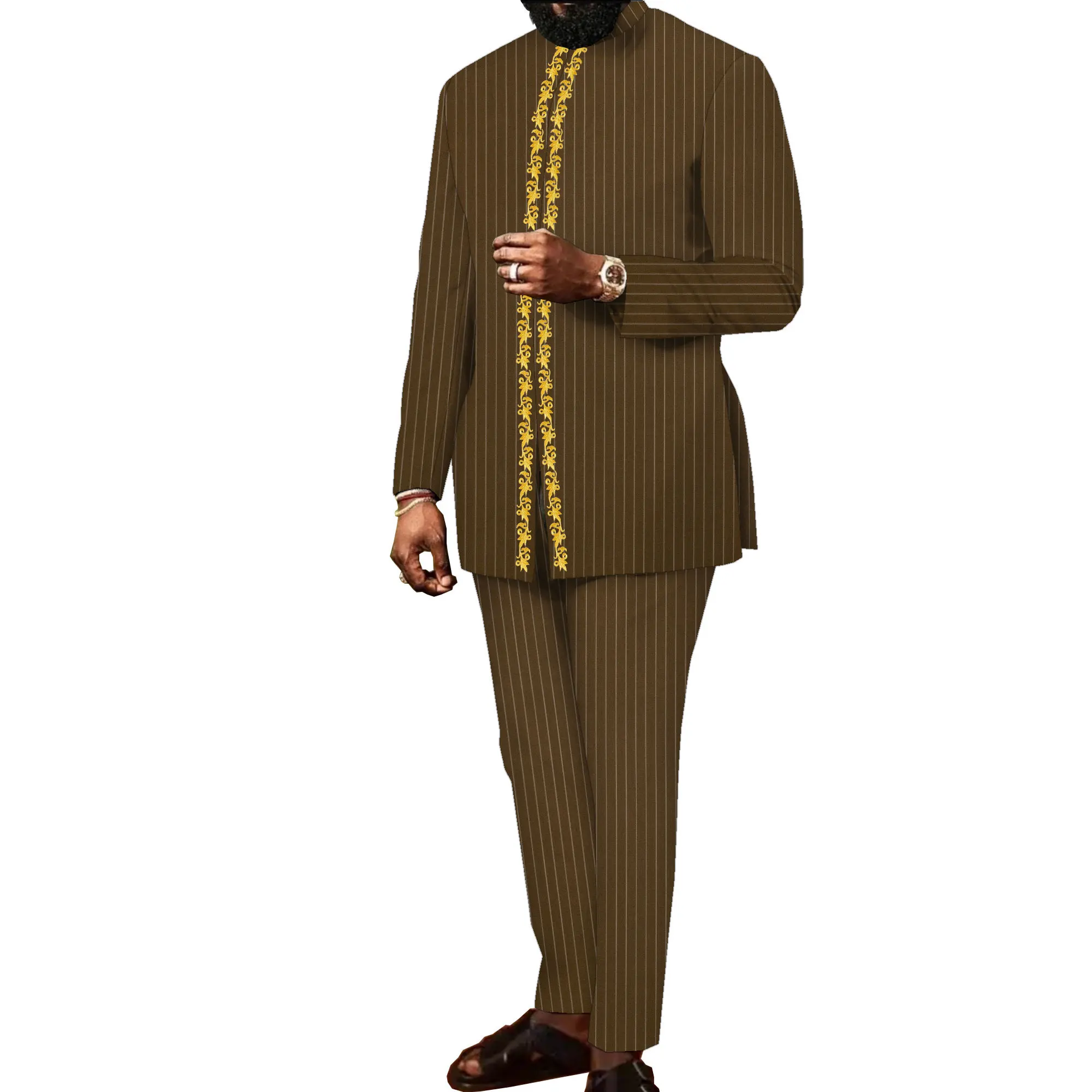 

African Men's Suit Embroidery Floral Top Pants Kaunda Suit African Casual Outfits Wear Traditional 2PCS Set Wedding