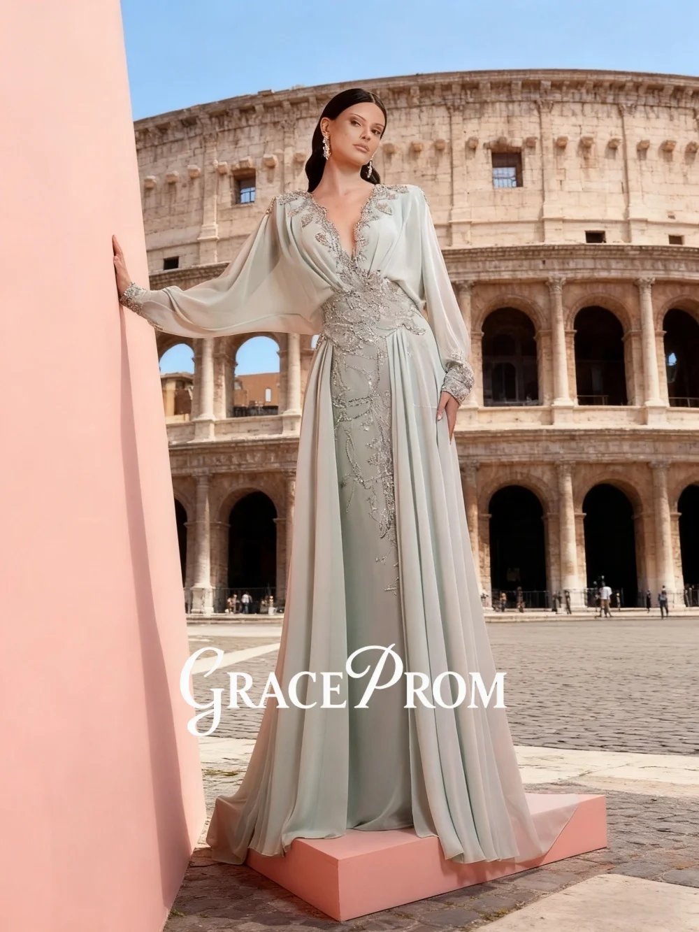 

GraceProm Stylish Mint-Hued Evening Dress 2026 Luxe Chiffon Carpet Gown Exquisite Glittering Floor-Length Party Gown فساتي