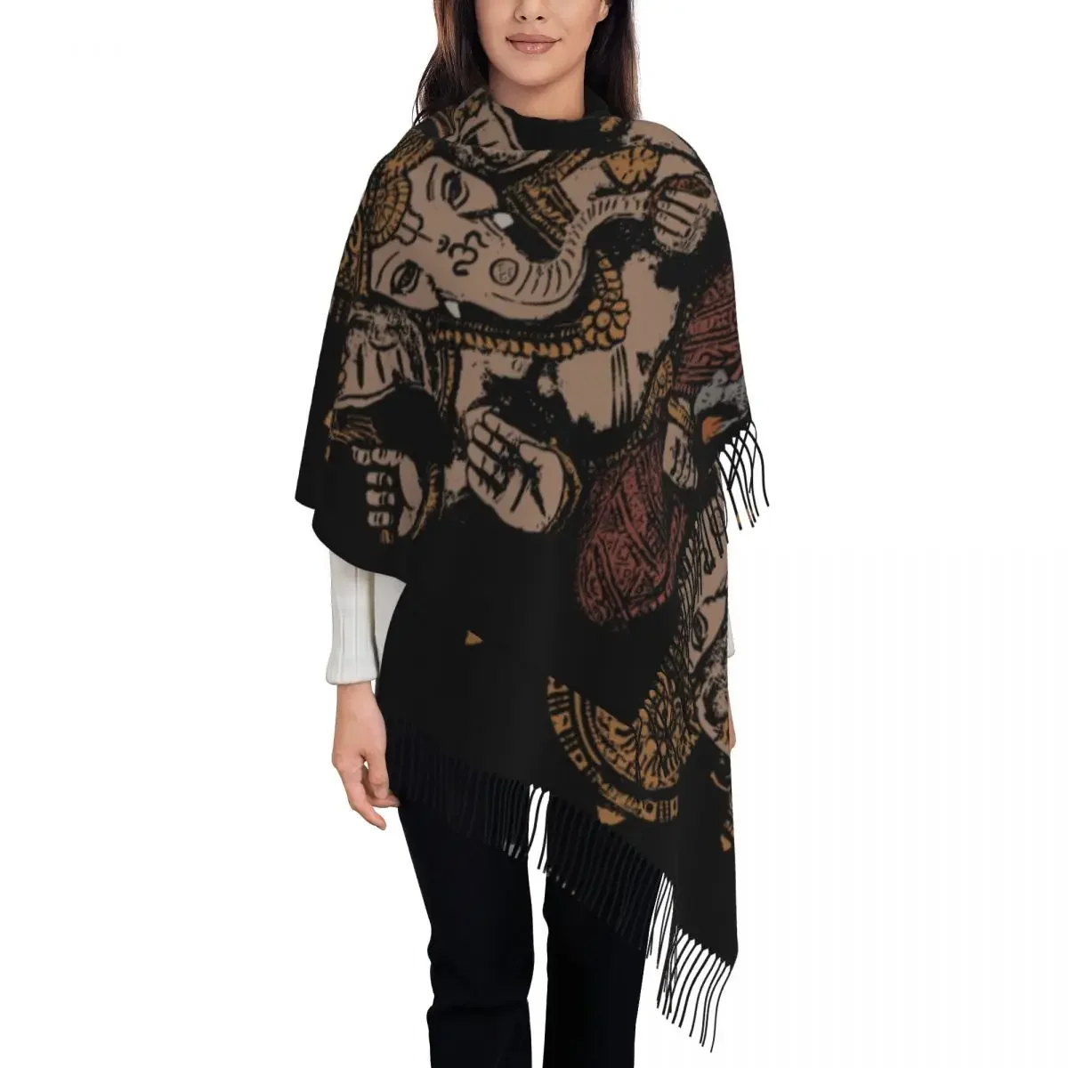 Ganesha 3D Scarf for Women Fall Winter Pashmina Shawls and Wrap Shiva Hindu God India Lingam Long Scarves with Tassel Daily Wear