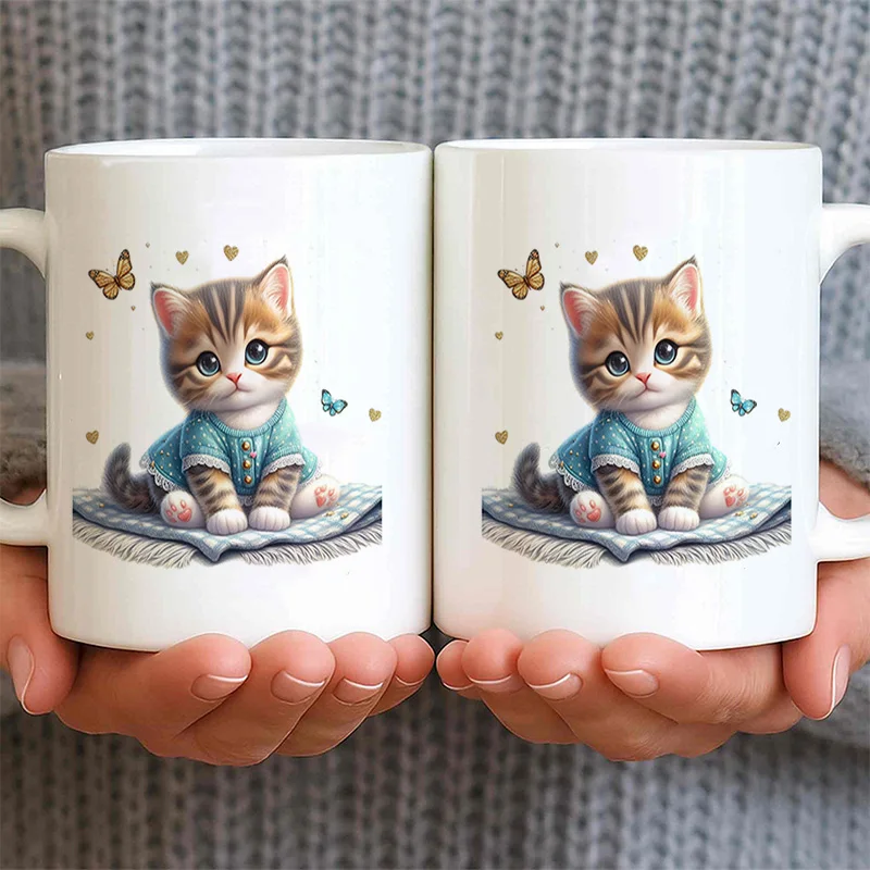 Cute Kitten Print Ceramic Coffee Mug, 11oz 350ml Colorful Print Mug, Personalized Custom Mug, Microwave Safe, Cute Aesthetic Mug