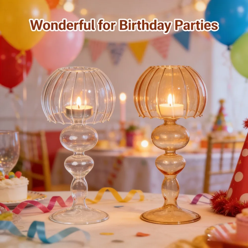 Colored Glass Candle Holder  Retro Romantic Style Birthday Party Wedding Dining Table Glass Candlestick Decor