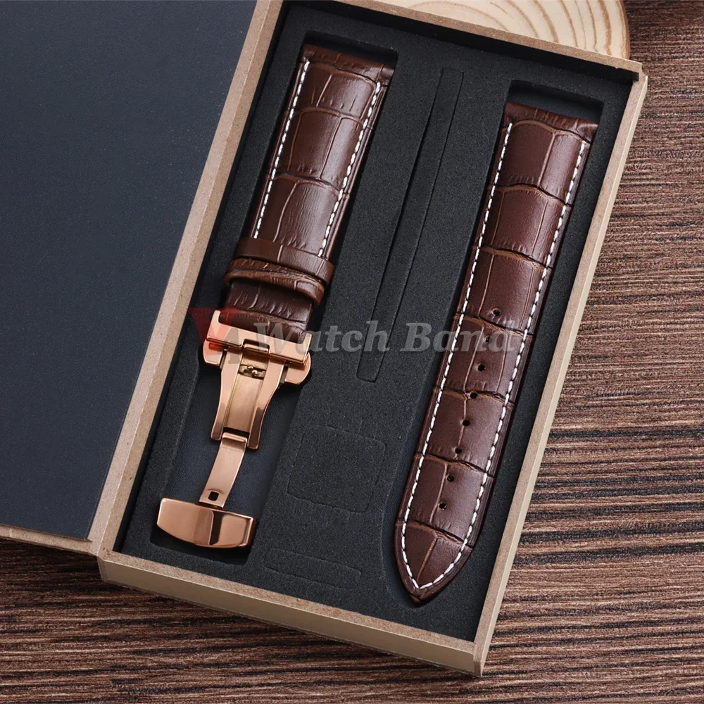 Genuine Leather Strap with Wooden Box Watch Band 19mm 21mm Butterfly Clasp Bracelet 18mm 20mm 22mm 24mm Wrist Band Accessories
