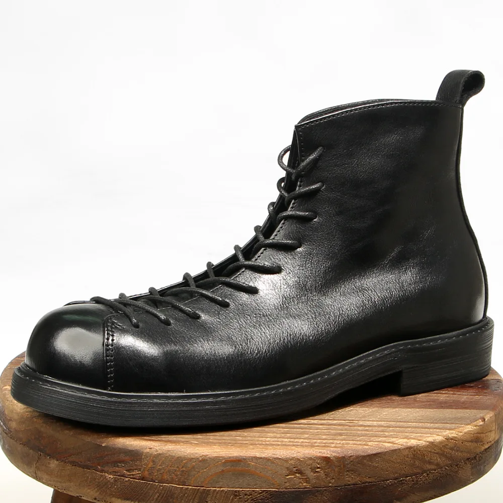 Genuine Leather Round Toe Casual Ankle Boots Dress Work Motorcycle Boots Men Cowboy Combat Boots High Top Shoes - view 3