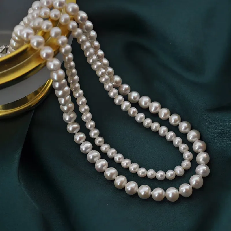 Natural 5-6mm8-9mm Nearly Round Pearl Multi Layer Necklace with 8-shaped Buckle Double Layer Pearl Youth Style, One Multi Wear