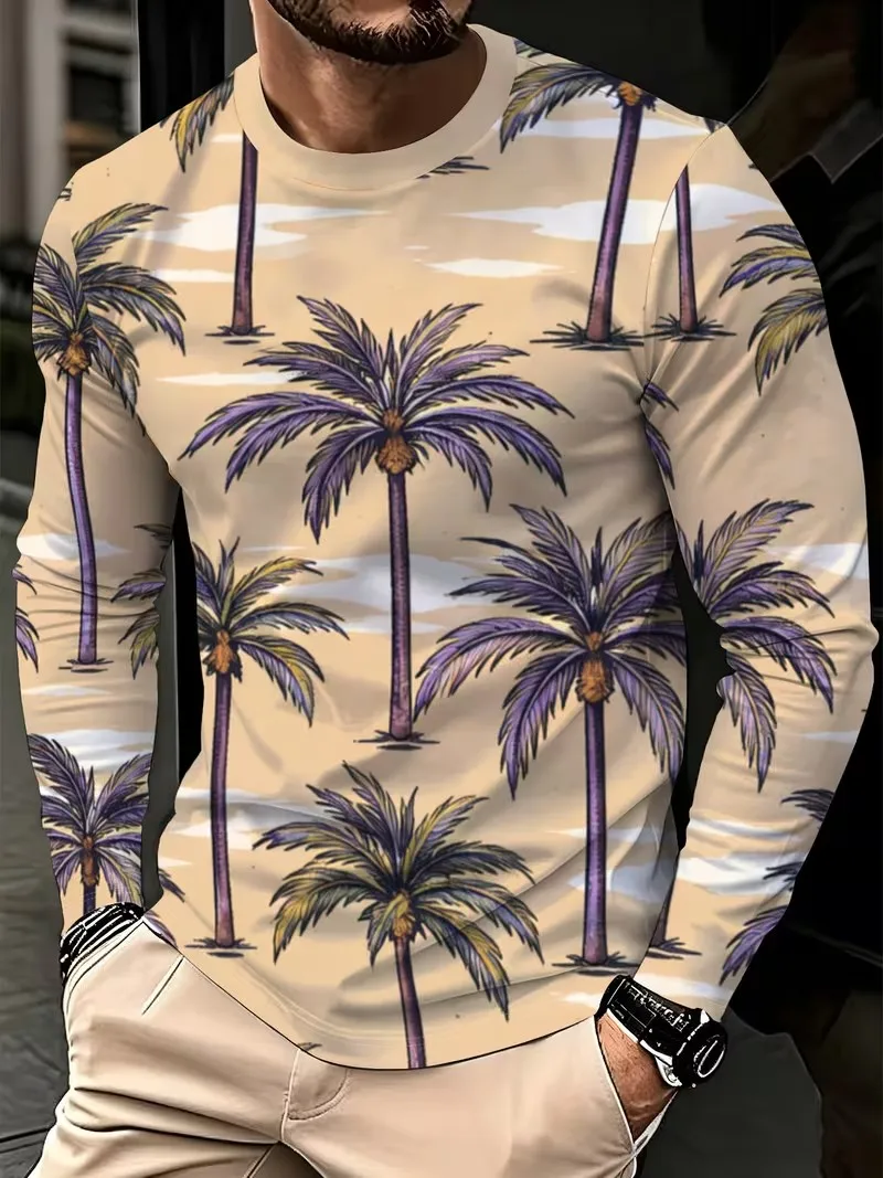 2026 autumn and winter men's new long sleeved round neck T-shirt, 3D fully printed seaside style fashionable casual men's top
