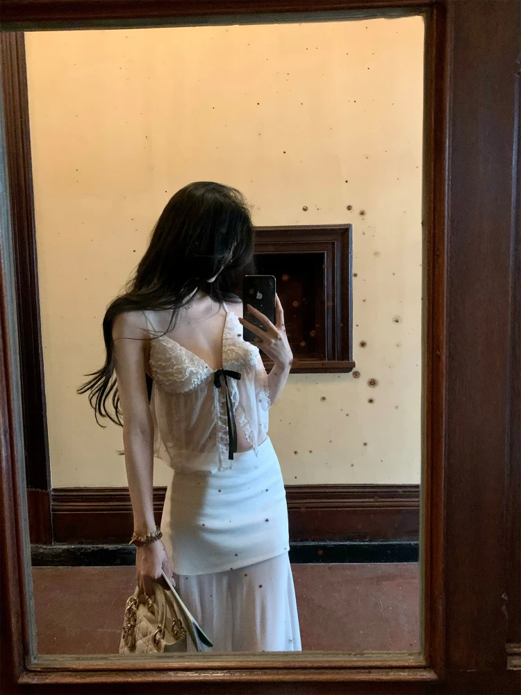 

Белый кружевной топ на бретельках из шифона с цветочным узором GYO, корейский стиль, женская приталенная летняя верхняя одежда из тонкого материала