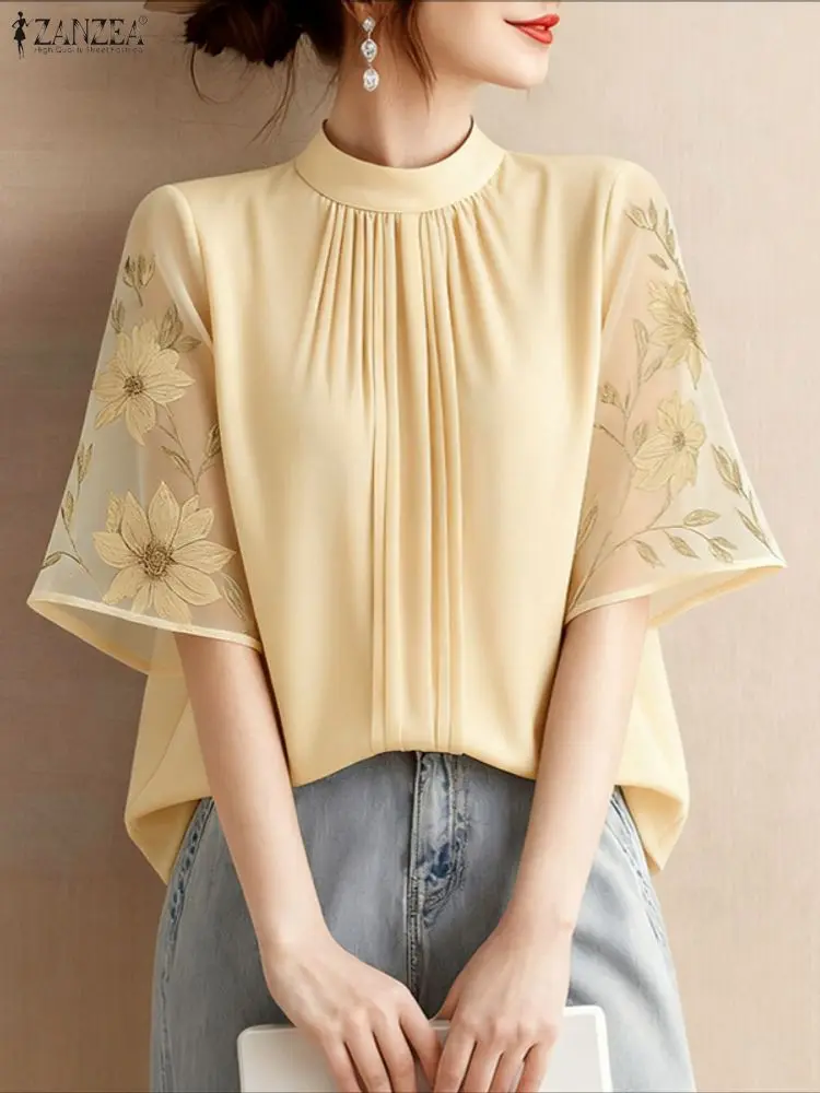 Elegant Office Women Blouse ZANZEA Summer Shirt Woman Stand Neck Short Sleeve Tunic Tops Stylish Floral Print Blusas Mujer Femme