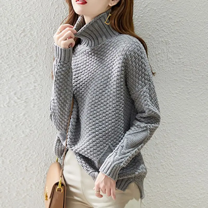 Commute básico cor sólida gola alta suéteres feminino outono inverno grosso manga longa quente malha jumpers roupas femininas