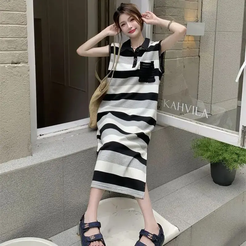 

Backless Polo Neck Striped Sleeveless Vest Dress Long Beach Dress Summer Holiday Sexy Hollow Slit Sleeveless Club Dresses