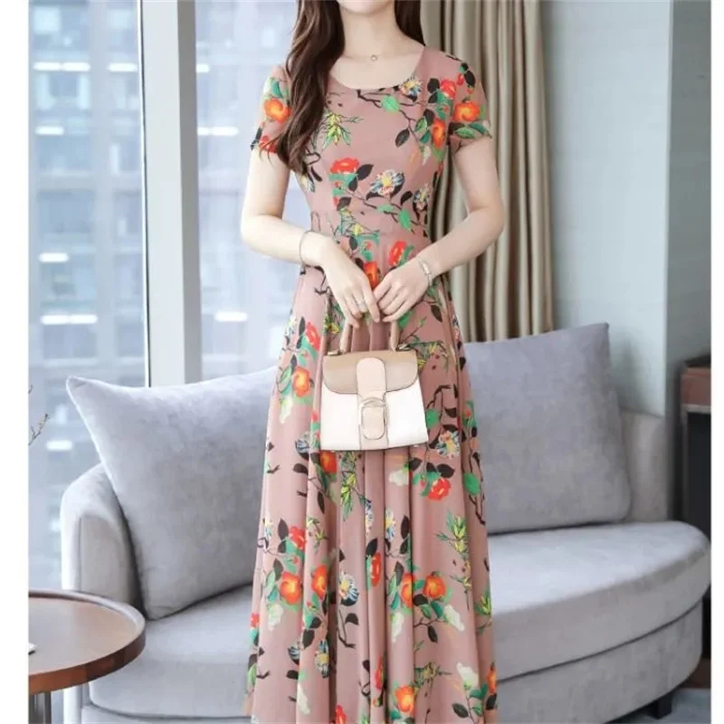 Mother's Dress 2024 Spring Summer New Style All-match Short-Sleeved Temperament Women's Light Luxury Loose Thin Fashion Skirt W9