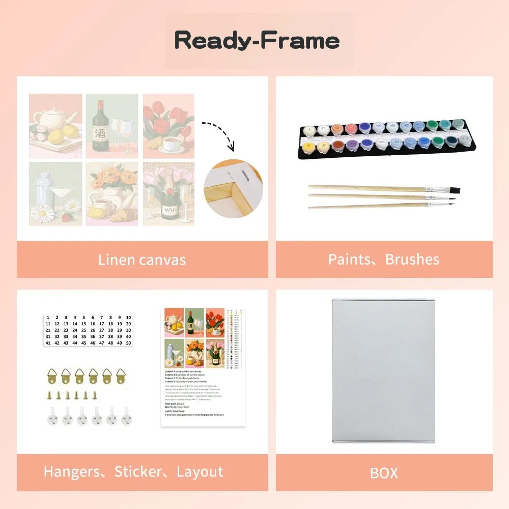 6 DIY-Malbilder mit Motiven von Teesets, Wein, Blumen, Stimmung und Brot, geeignet zur Wanddekoration im Haus. – Detail 4