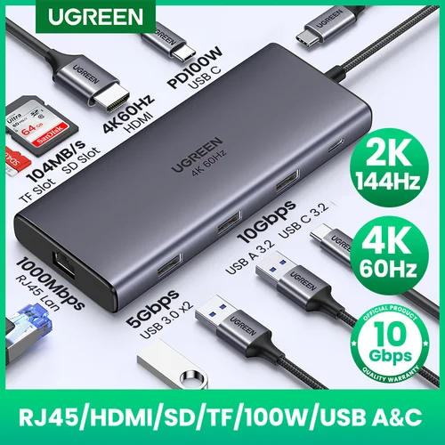 UGREEN 10Gbps USB C HUB 4K60Hz tipo C a HDMI RJ45 PD100W SD y TF adaptador USB para Macbook iPad Samsung accesorios para ordenador portátil acoplamiento