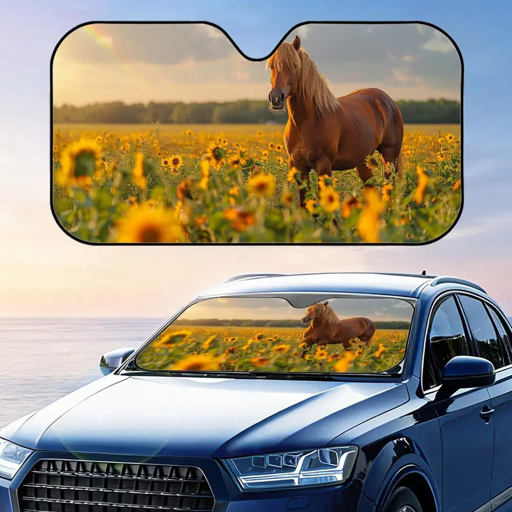 Horse in Sunflower Field Sun Visor Foldable Universal Car Windshield Sun Shade UV Protection Heat Insulation Foldable Cover