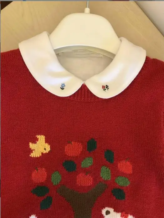 New children\'s three flowers embroidered long-sleeved shirt white cotton top girls classic