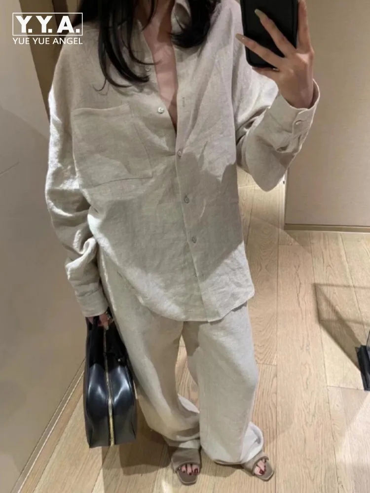 

Women Summer Casual Vacation Style Loose Cotton Linen Shirt Two-Piece Set Single Breasted Long Sleeve Tops Sets Full Length Pant