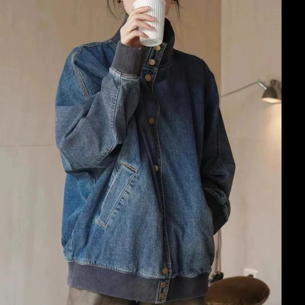 

Американский винтажный стиль, модные осенние женские однотонные джинсовые пальто с воротником-стойкой, синие свободные джинсовые пальто с карманами, женская джинсовая куртка
