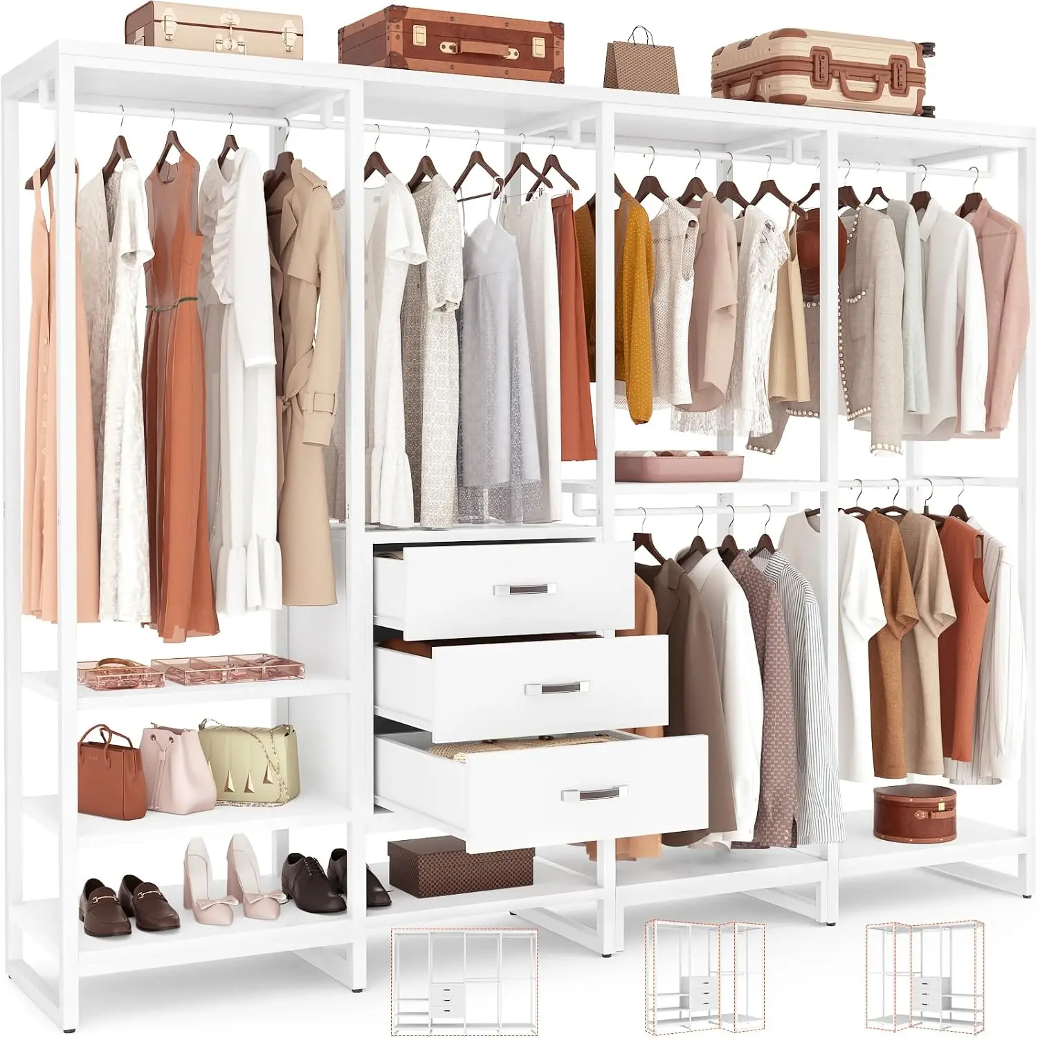Corner Clothes Rack Wardrobe Closet, Heavy Duty Garment Storage Organizer Shelves, L Shaped Dresser Cabinet Holder With Three Drawers For Bedroom Walk In Closet, Modern Minimalist Style, White, One Piece